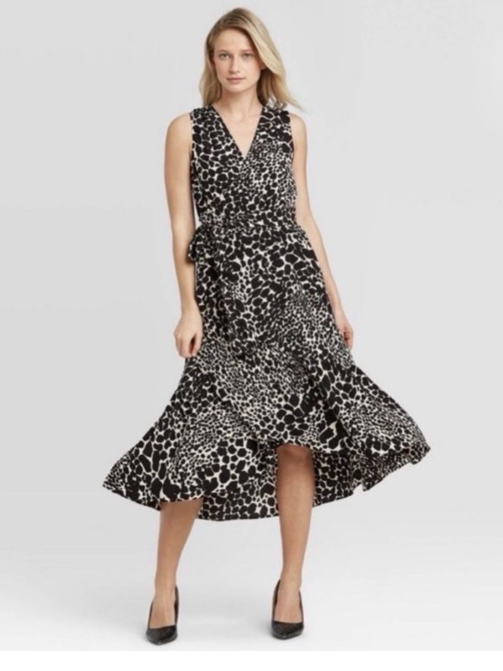 NWT Who What Wear Swirling Leopard Wrap Ruffle High Low Maxi Dress XS
